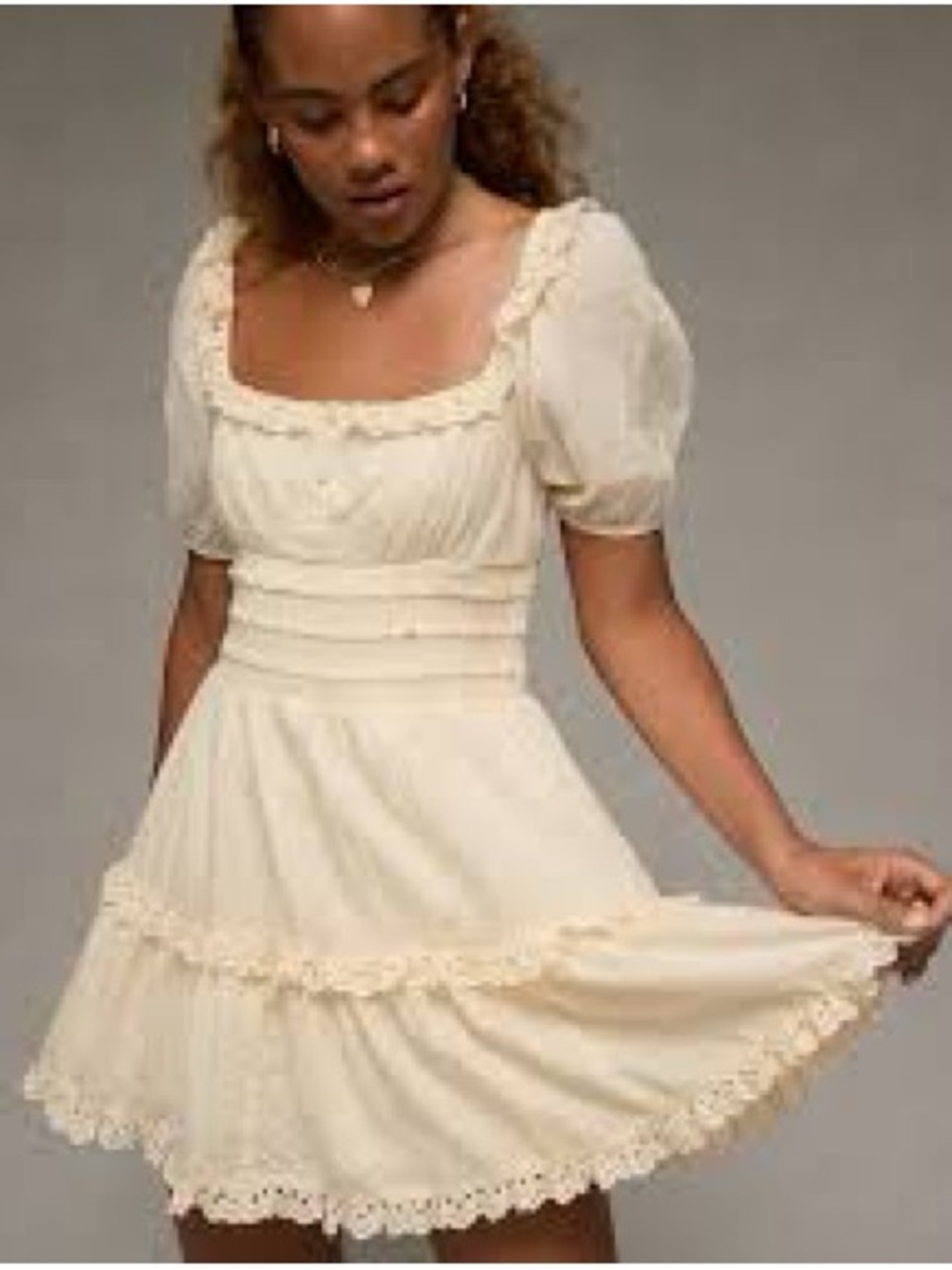 American eagle puff sleeve mocked tiered mini dress NWT